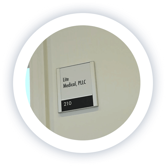 Entrance and door sign of Lite Medical located at 4388 France Ave S in Edina, Minnesota in suite 210.